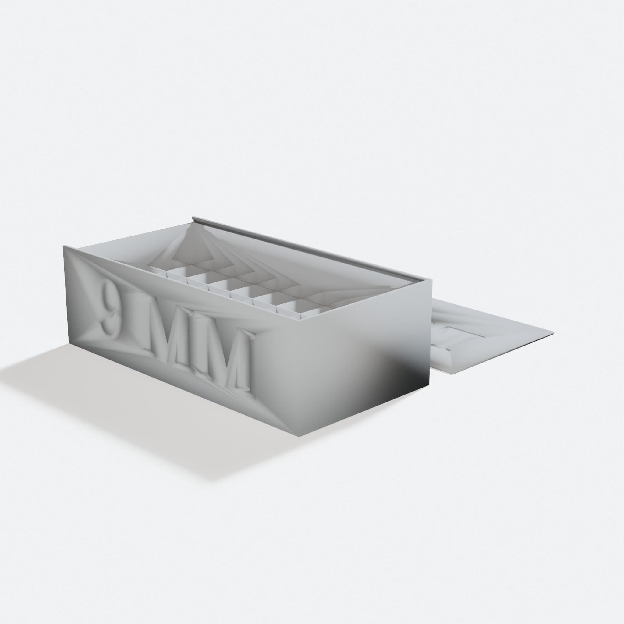 3D Printed Ammo Box Organizer for 9mm Luger, turn three quarter