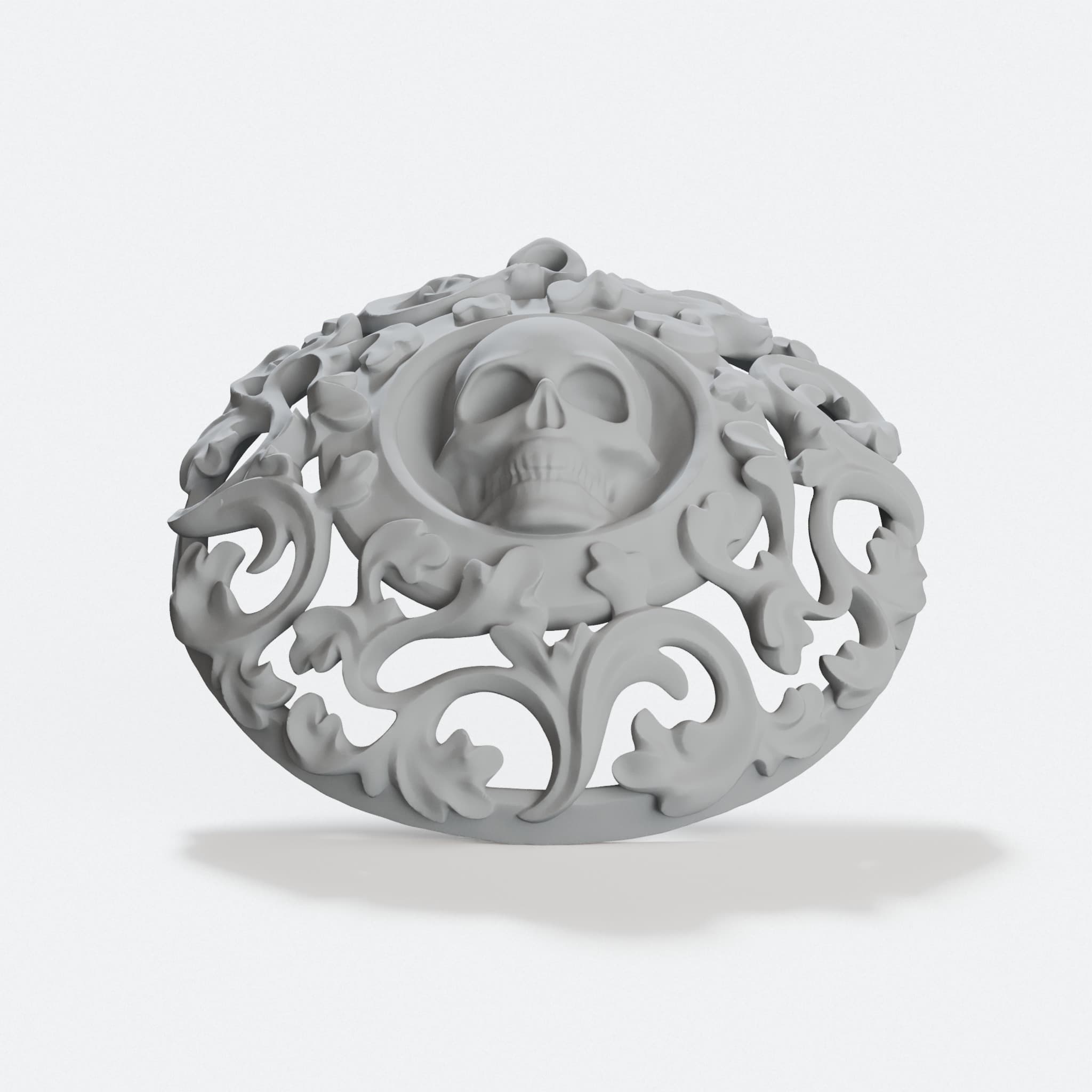 Ornate Skull Pendant, Detailed 3D Printed Jewelry Charm, hero tilt