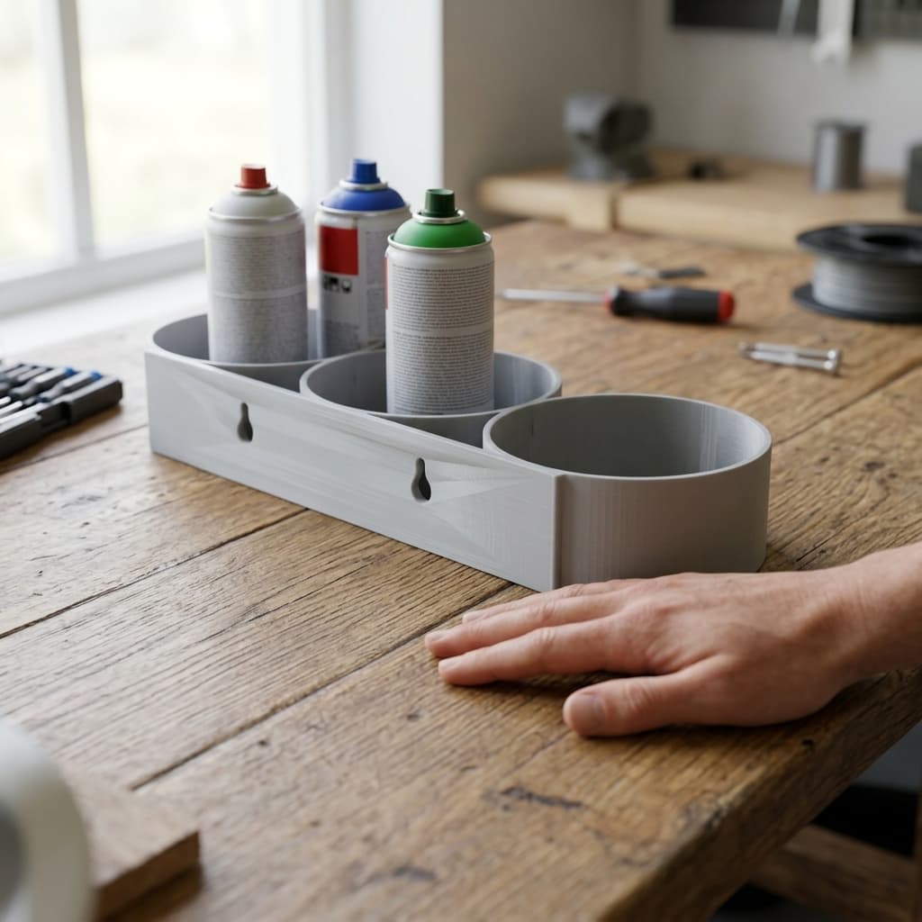 3D Printed Spray Can Holder for 3 Cans, in real life