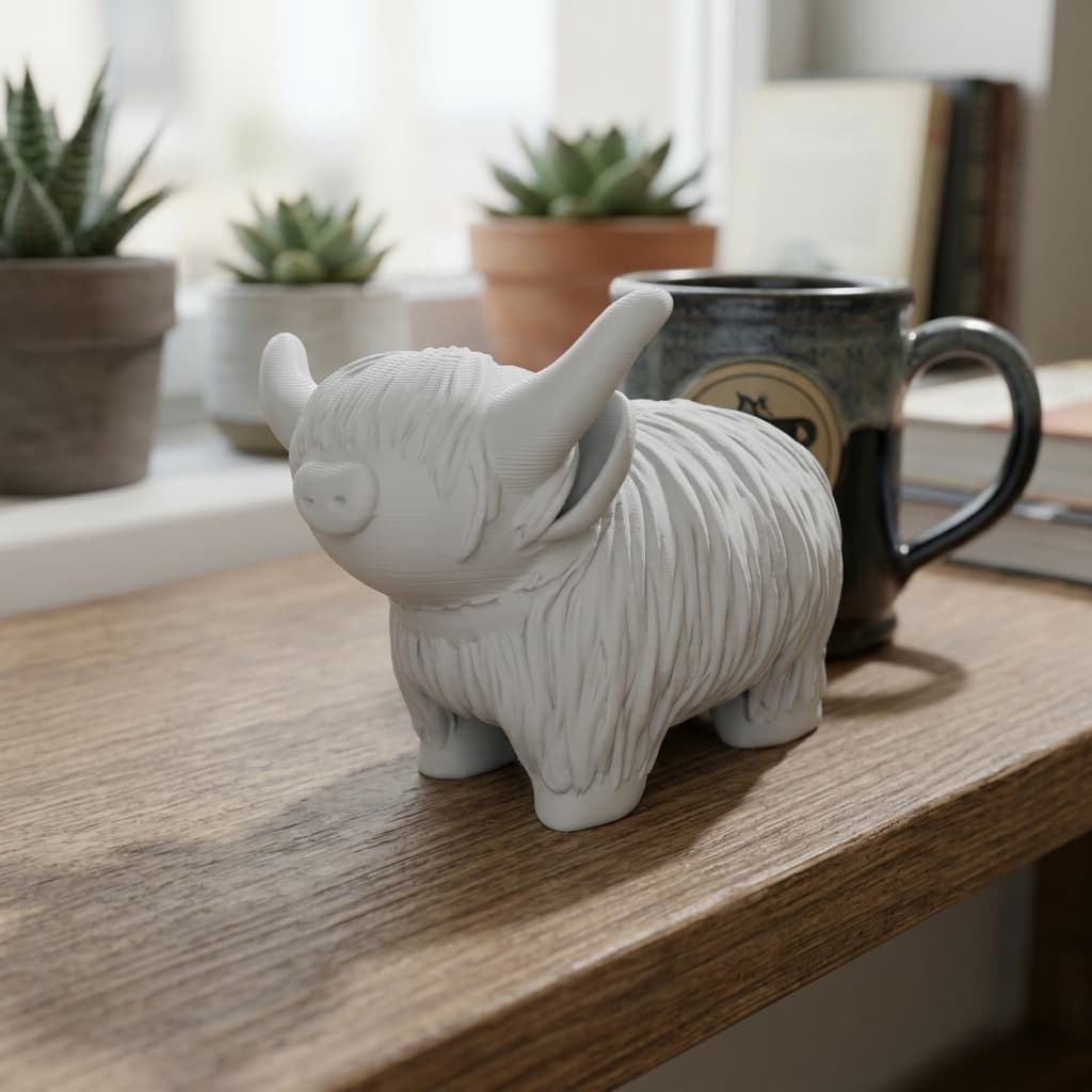 Highland Cow Young Little Cattle 3D Printed Toy, in real life