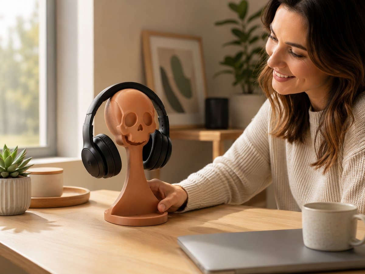 A rendering of a smiling skull-shaped headphone stand design holding a pair of wireless headphones on a desk