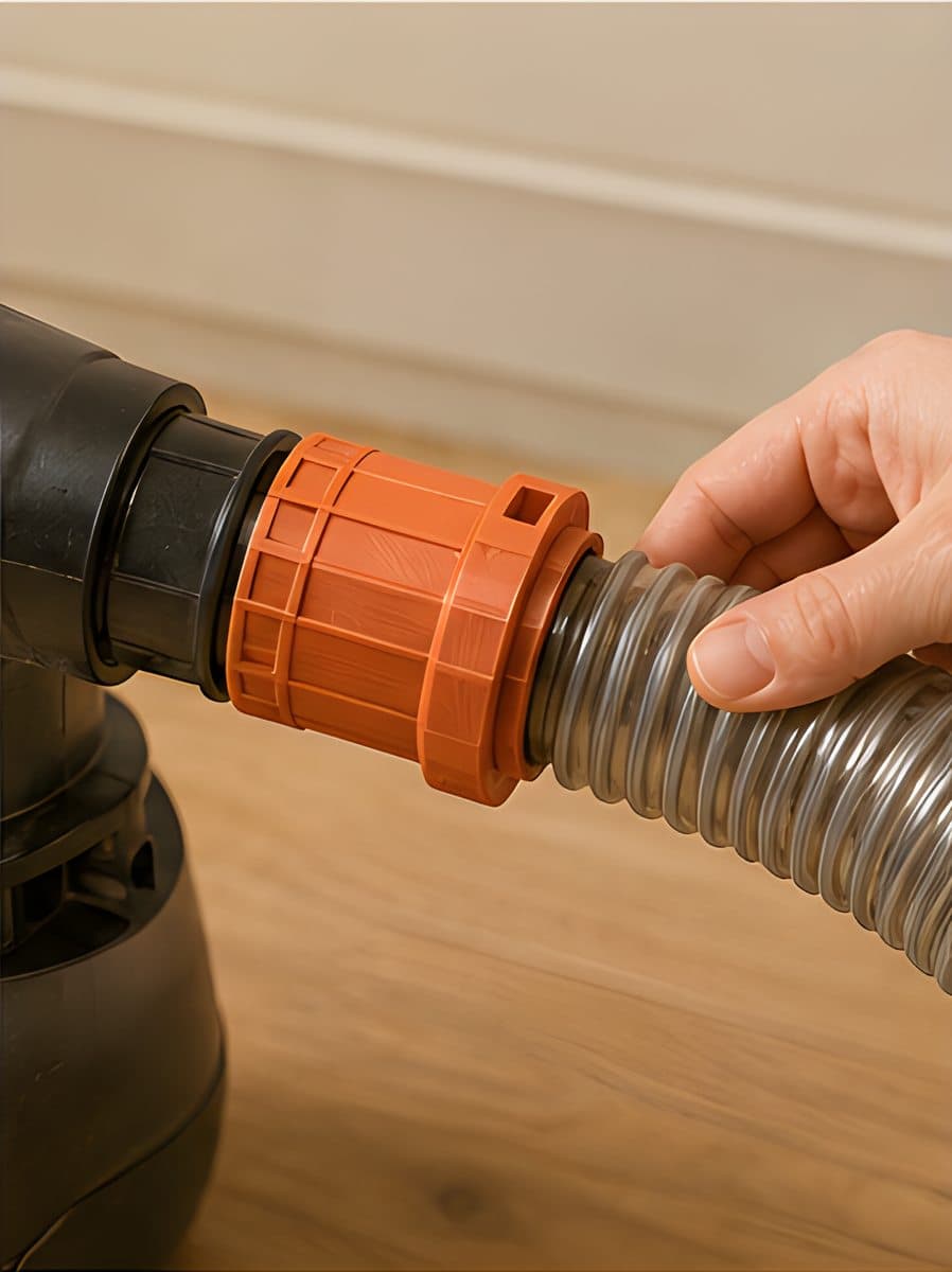 Hands join a shop vacuum hose using a 3D printed adapter fitting