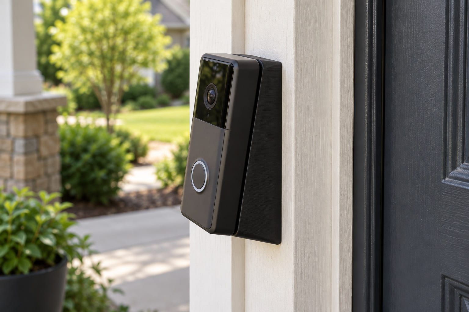 A black angle wedge behind a video doorbell on the trim beside a front door. It turns the doorbell toward the walk.